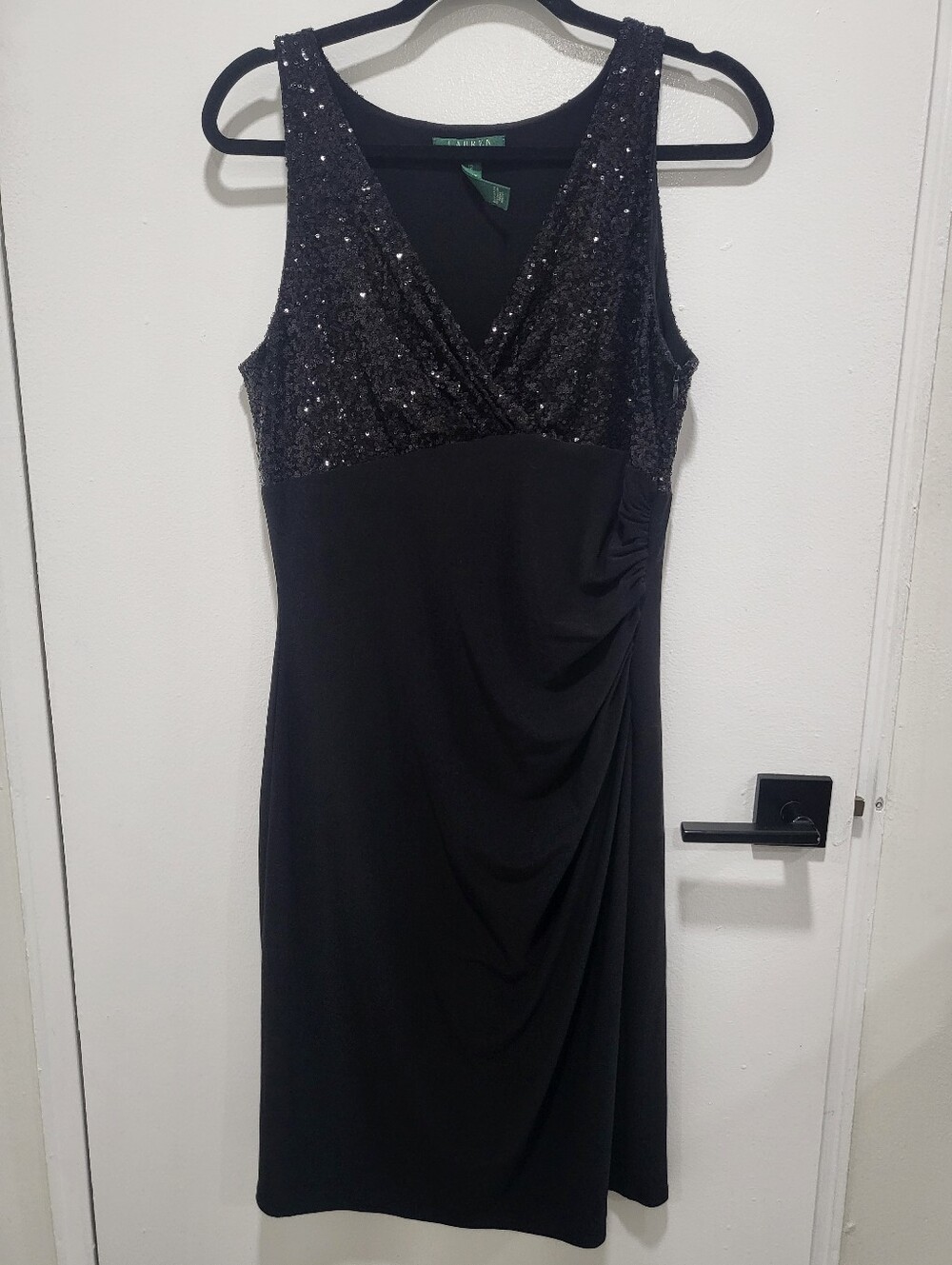 LAUREN Ralph Lauren Black Sequin  Ruched Side Formal Cocktail Dress - Sz 12